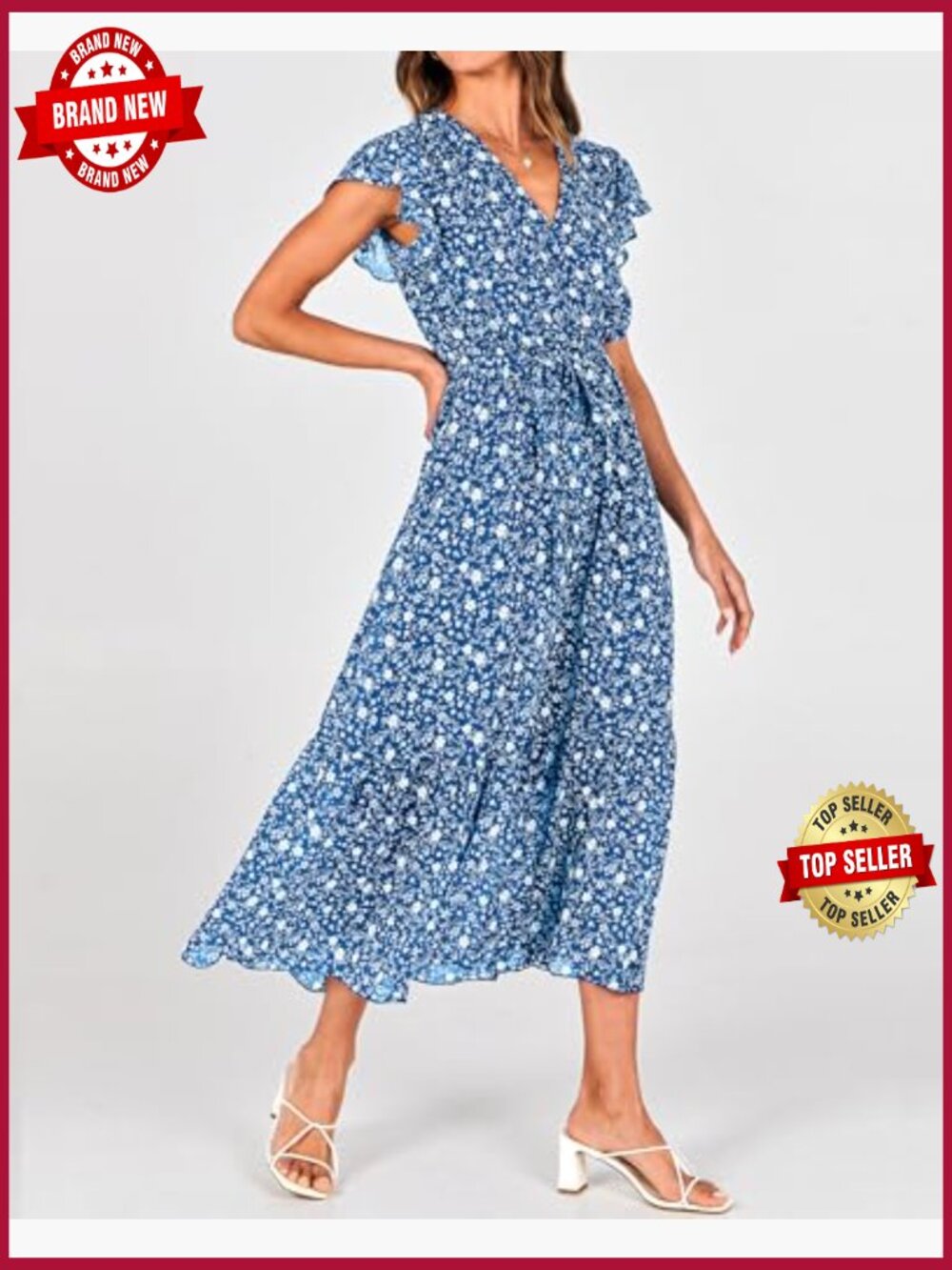 Bohemian Wrap V Neck Ruffle Sleeveless Midi Dress - Picture 6 of 7